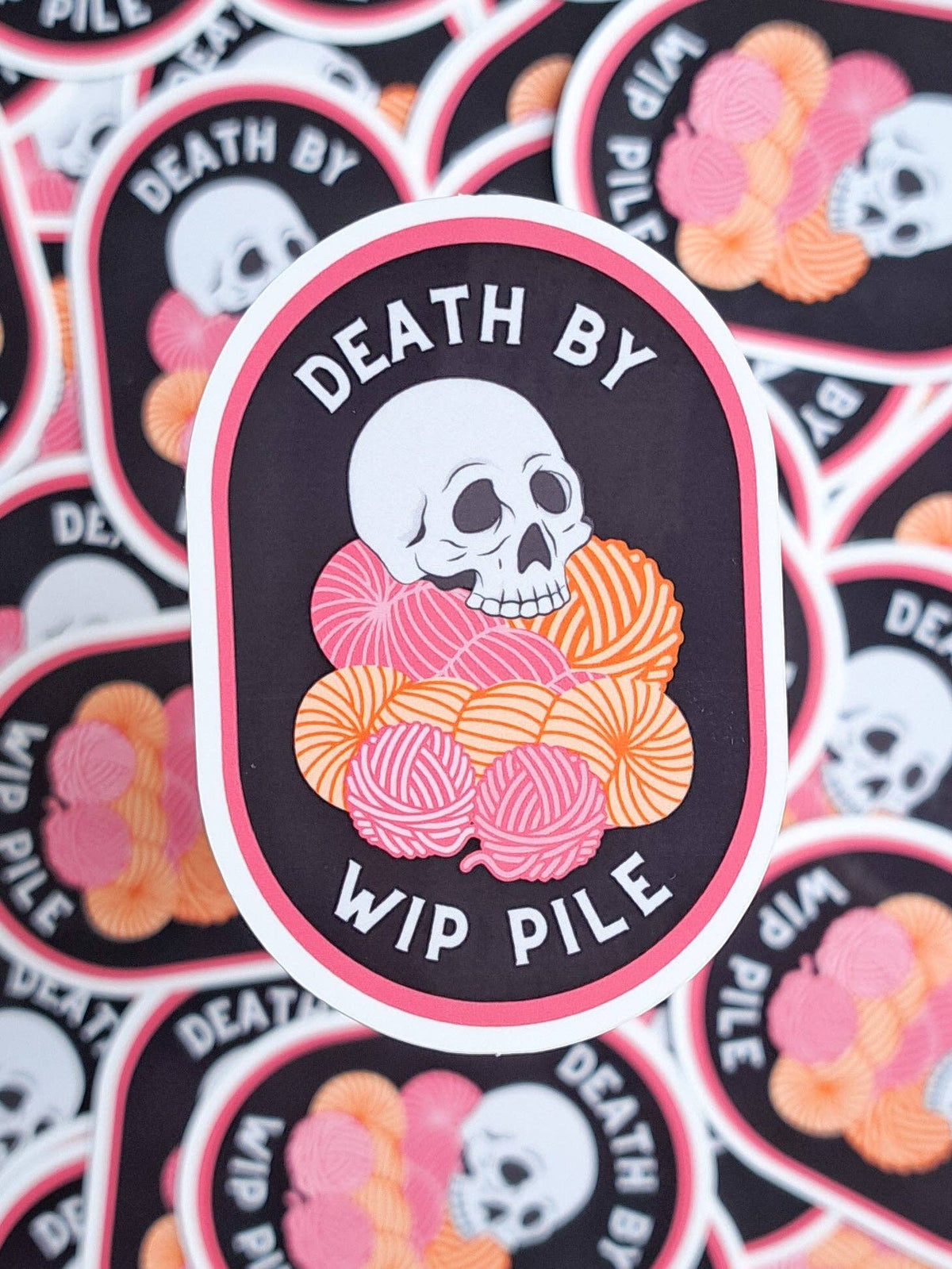 Death by WIP Pile Sticker – Spooky Yarn themed Design