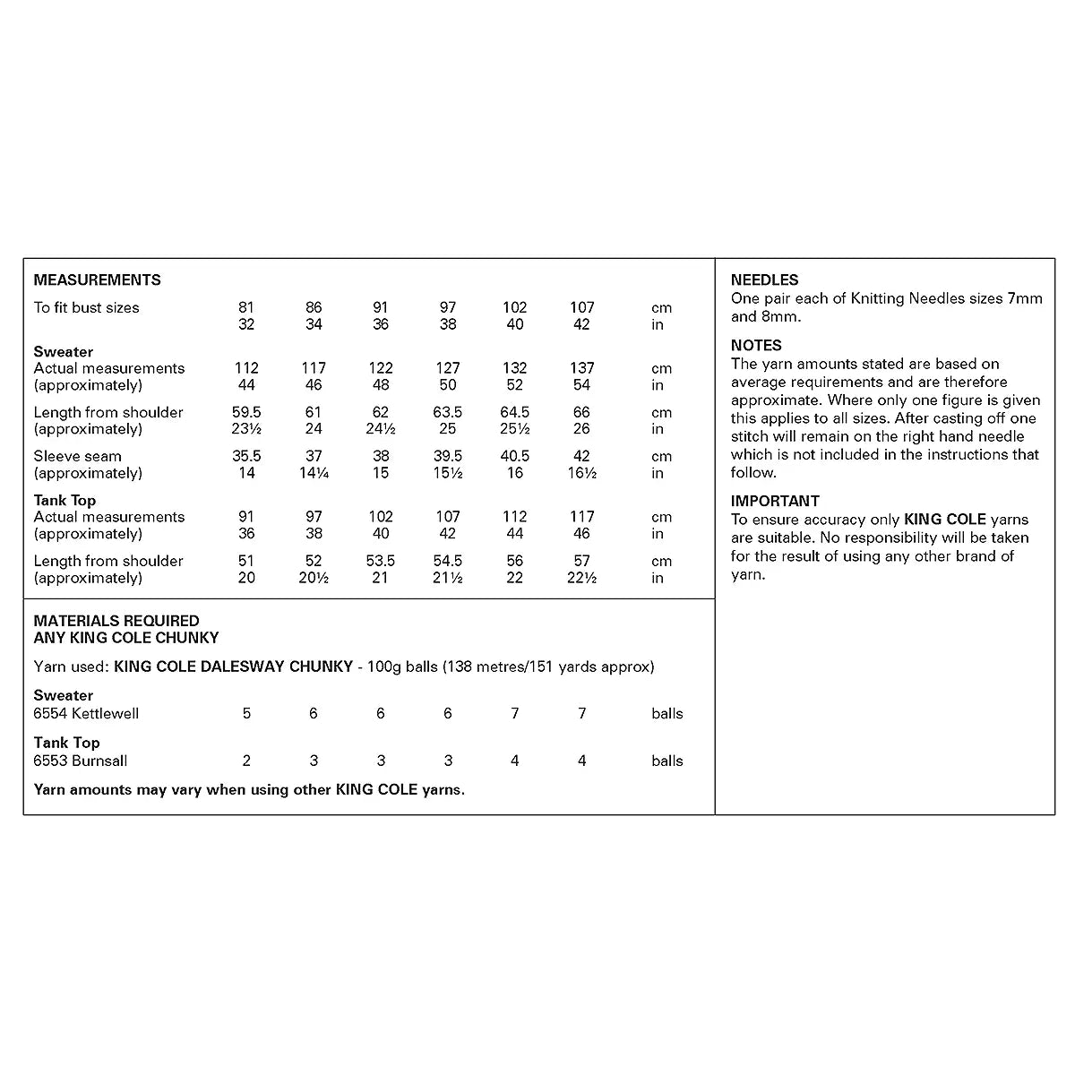 Chunky Tank Top & Sweater patterns from King Cole 6409