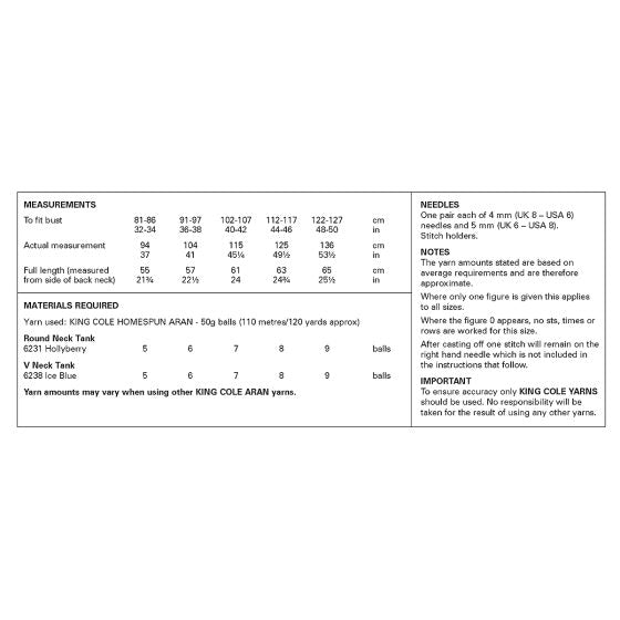 Aran Tank Top patterns from King Cole 6423