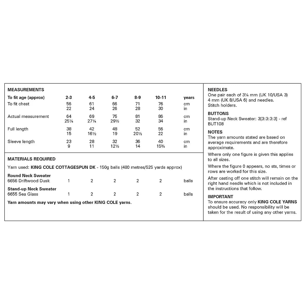 Sweaters knitted in Cottagespun DK | King Cole Pattern 6493