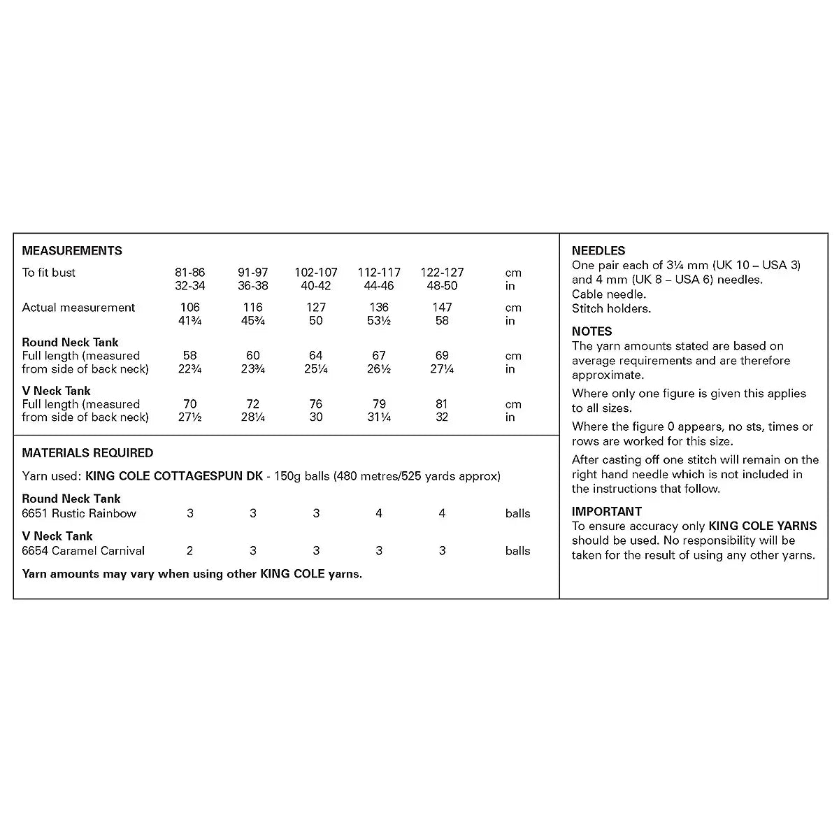 Round and V Neck Tank Tops knitted in Cottagespun DK | King Cole Pattern 6497