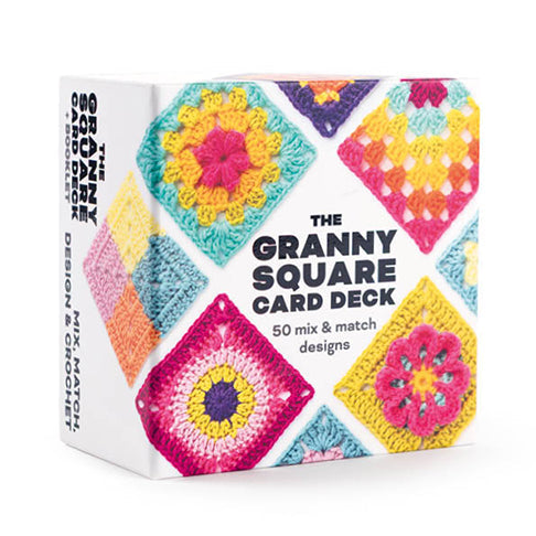 Box of 'The Granny Square Card Deck' with colorful granny square designs on a white background