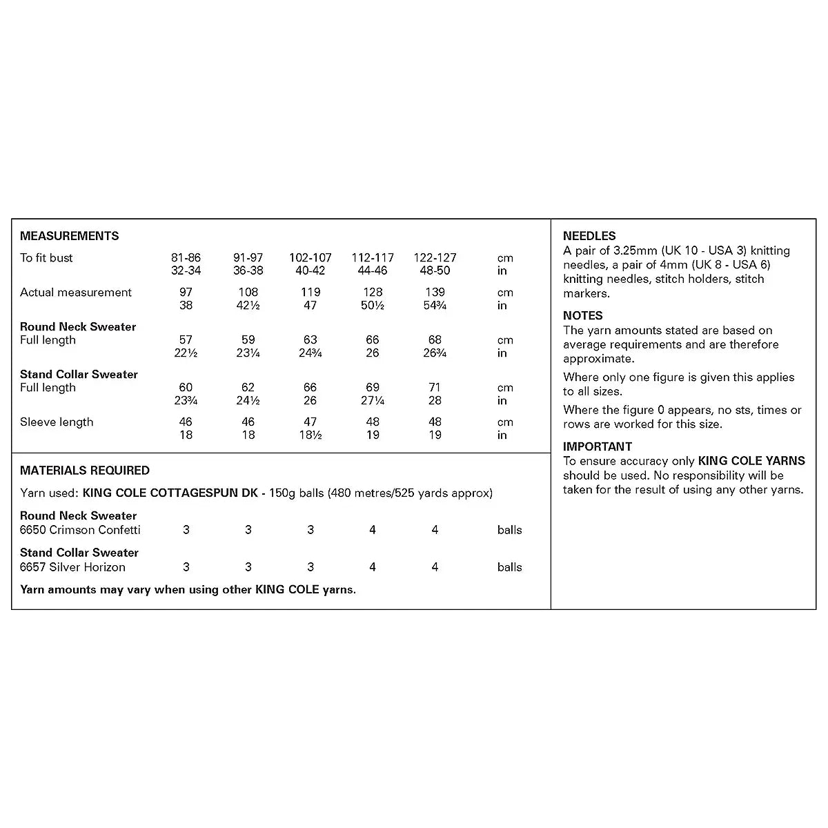 Sweaters knitted in Cottagespun DK | King Cole Pattern 6494