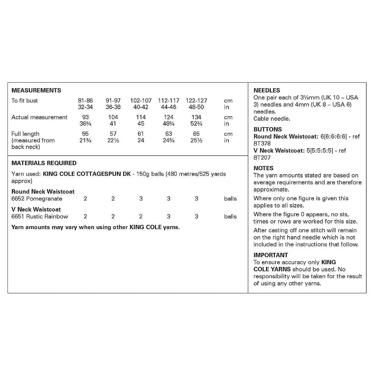 Waistcoats knitted in Cottagespun DK | King Cole Pattern 6495