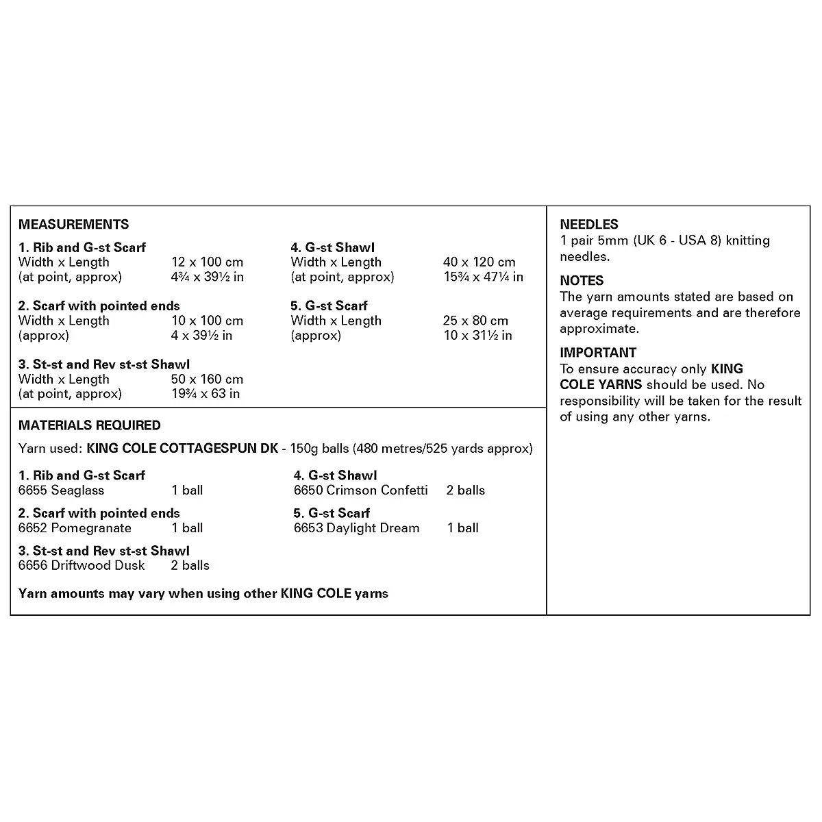 Scarves and Shawls knitted in Cottagespun DK | King Cole Pattern 6498