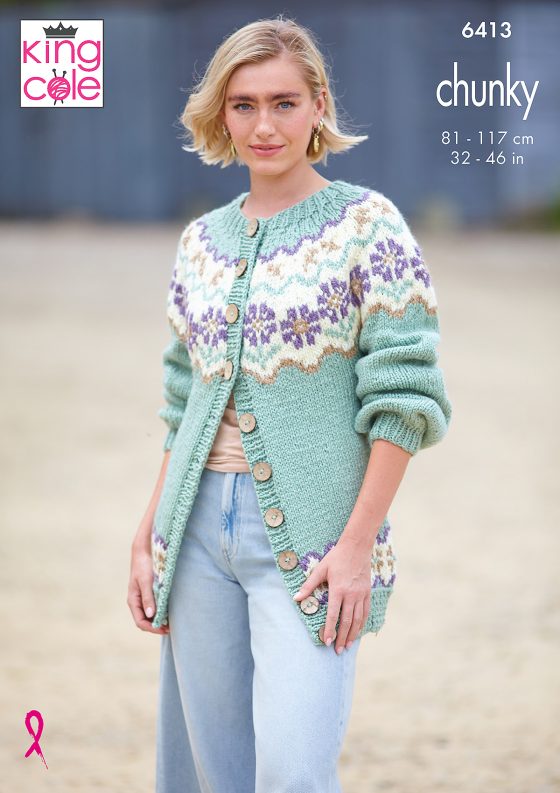 Chunky Colour work cardigan & sweater patterns from King Cole 6413